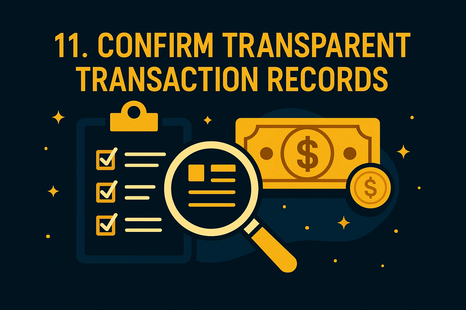 Transparent financial records icon with checklist and magnifying glass.