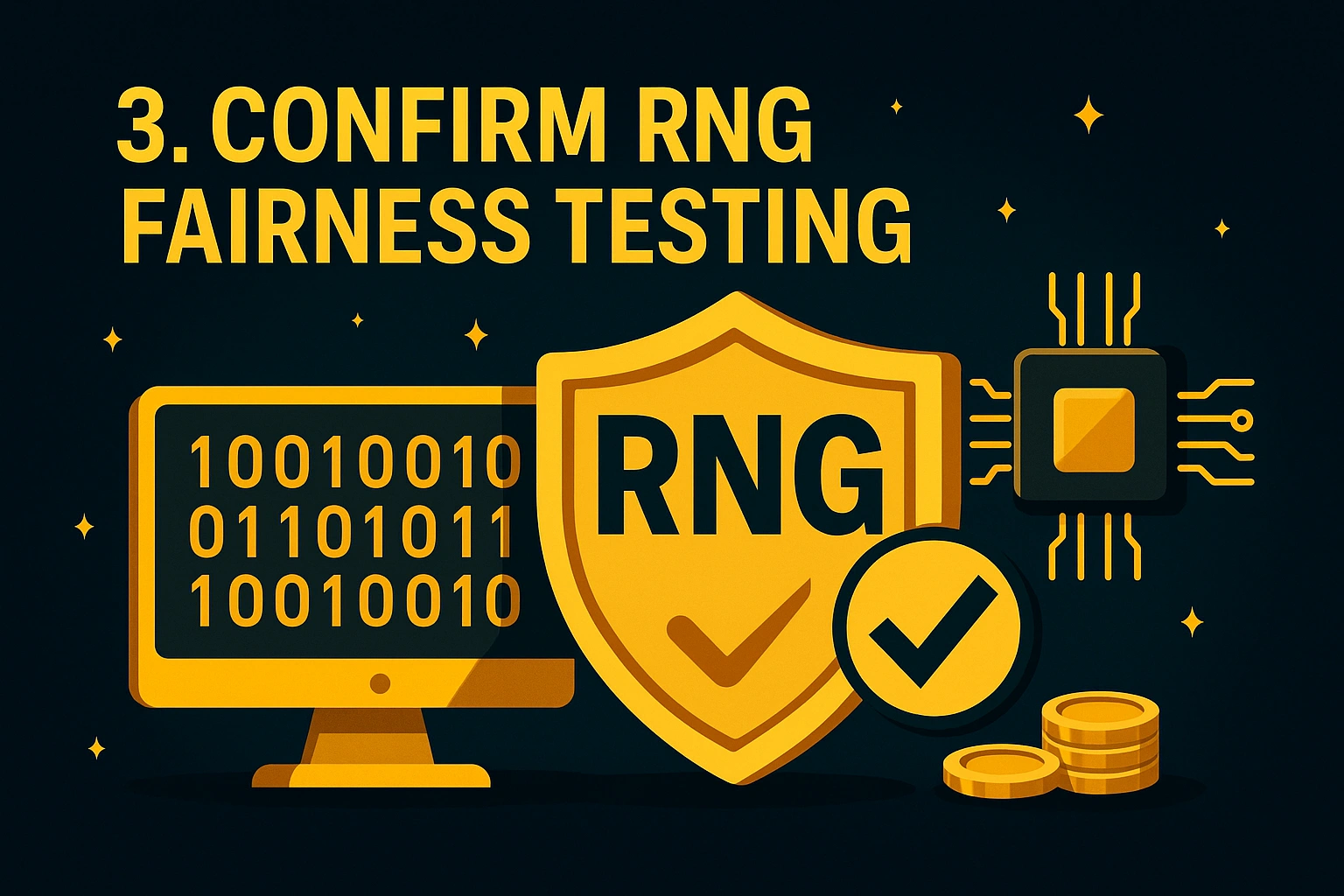 RNG fairness testing graphic with circuit and certified badge.