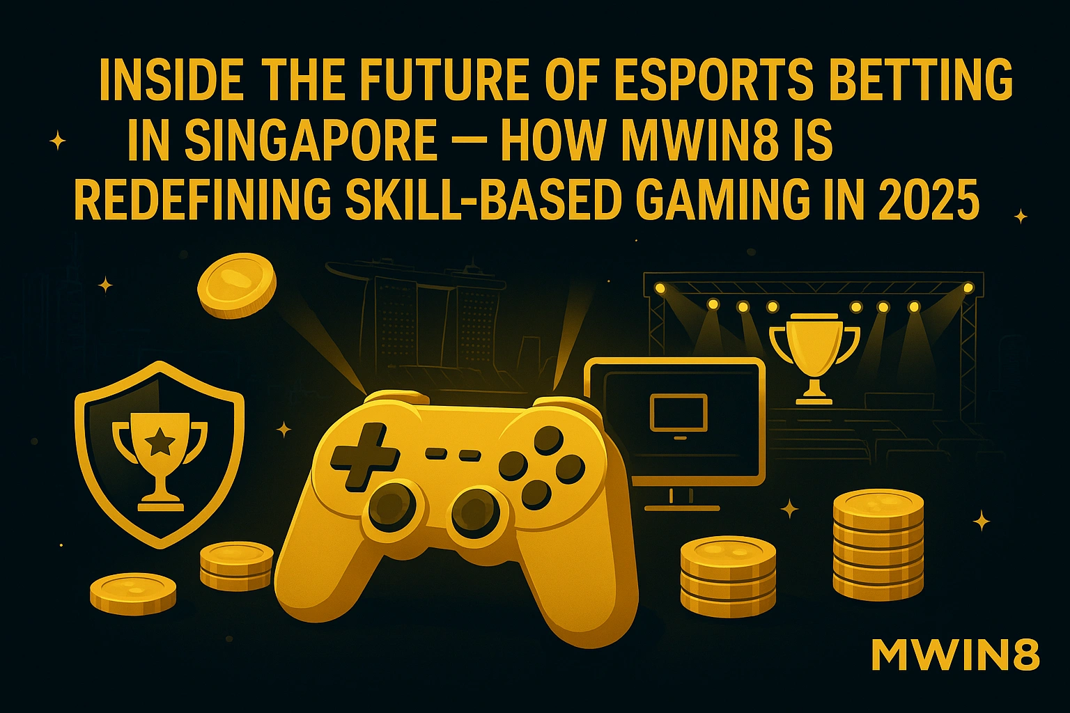 Futuristic gold esports banner showing MWIN8 Singapore leading the future of skill-based gaming in 2025.