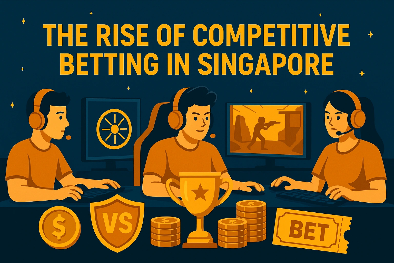 Illustration of esports players and betting symbols highlighting competitive betting in Singapore.