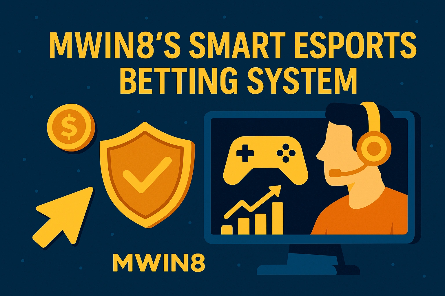 Digital design showing MWIN8’s smart esports betting dashboard with data charts and controller.