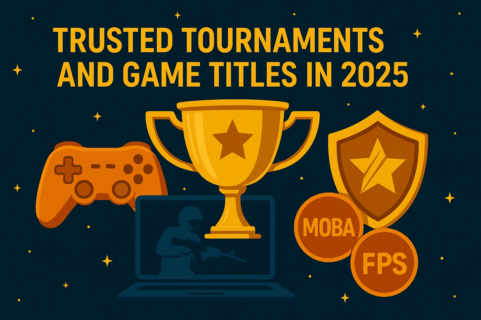Golden trophy and gaming icons showcasing trusted esports tournaments and titles 2025.