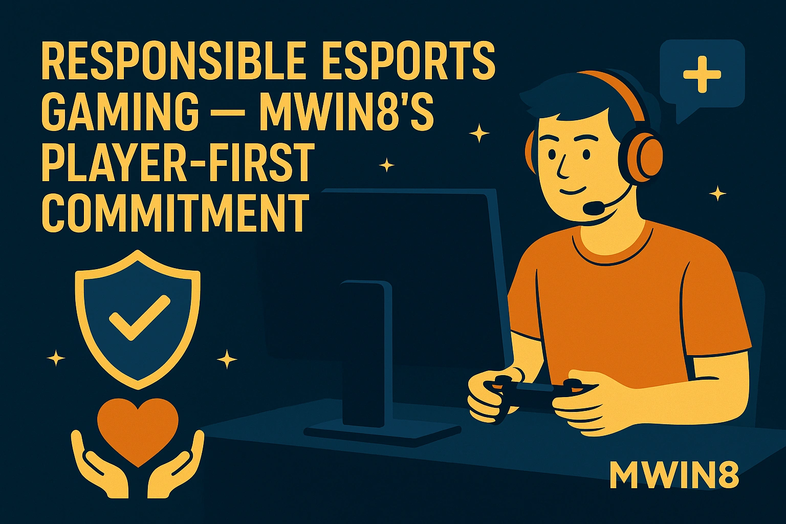 Illustration of gamer and heart-shield symbolizing MWIN8’s responsible esports policies.