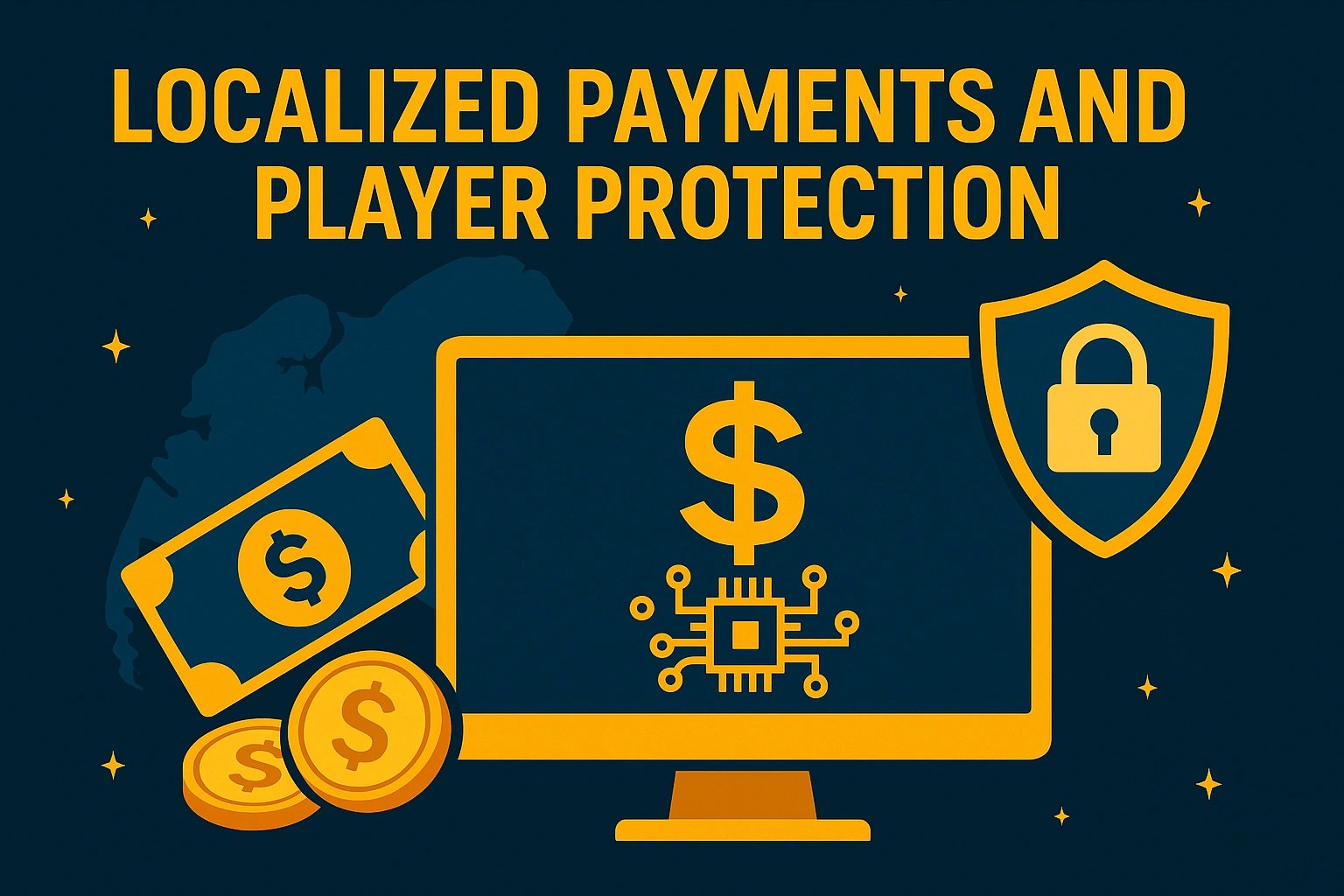 Digital payment and shield icons representing secure localized payment gateways with MWIN8.