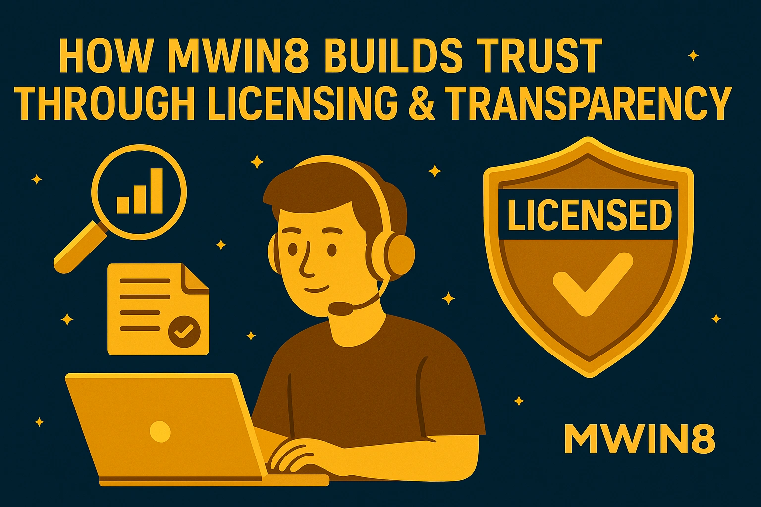 Golden badge and laptop symbolizing MWIN8’s licensing and transparent operations.