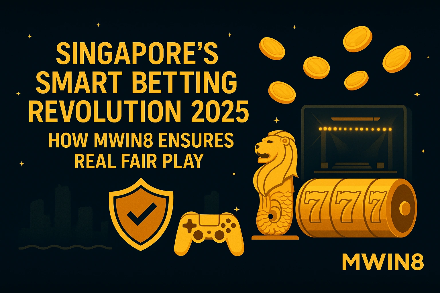 Singapore smart betting revolution banner showing MWIN8 fair play, Merlion, coins, and secure gaming icons.