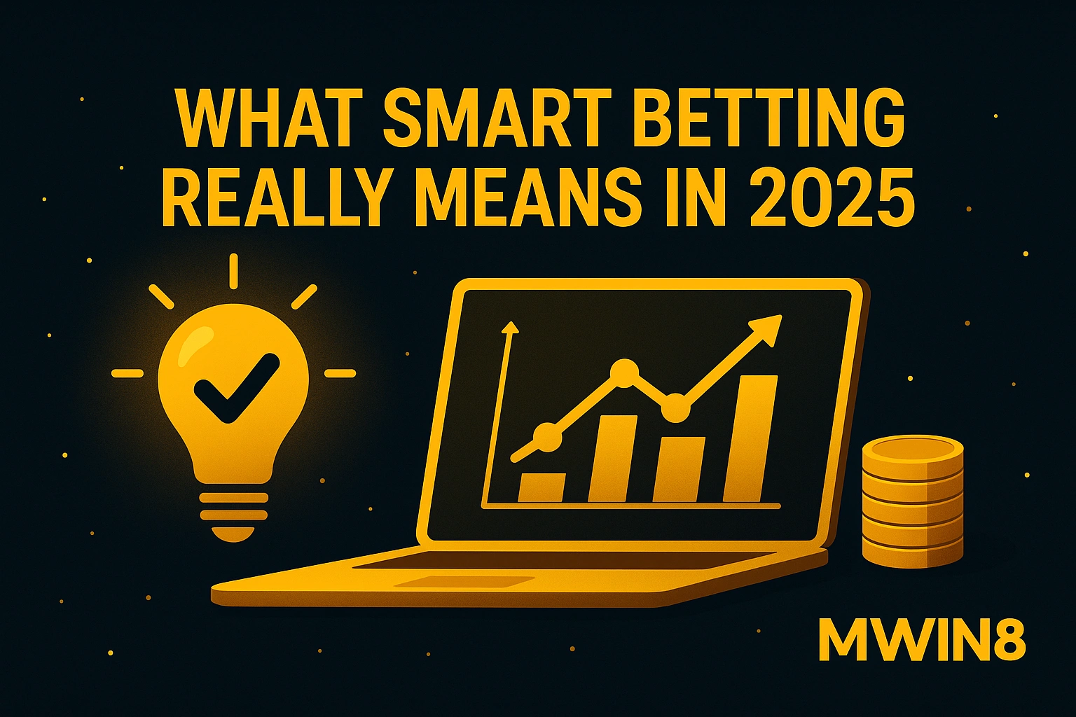 Smart betting 2025 banner with glowing lightbulb, data chart laptop, and gold coin stack.