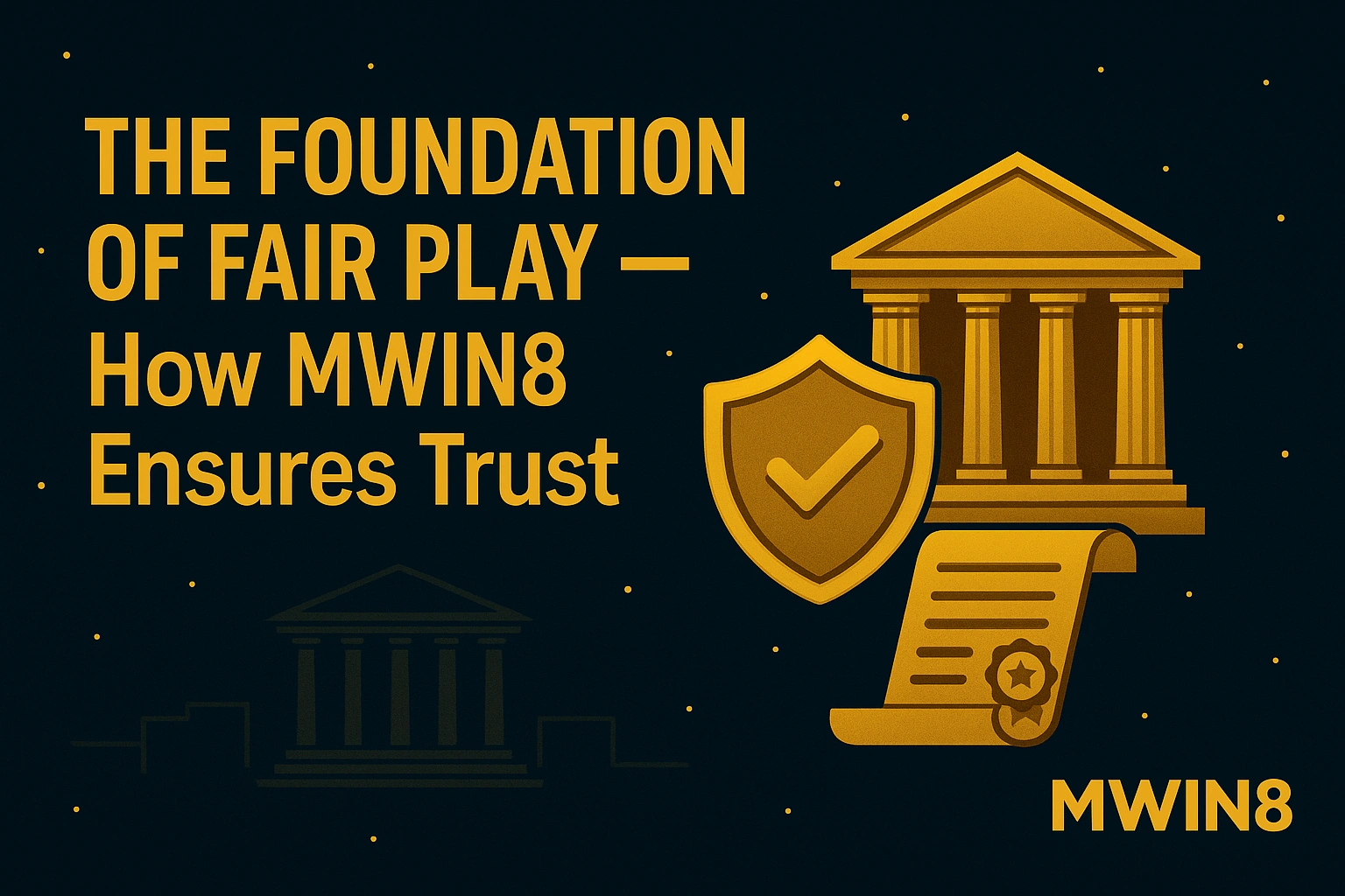 Fair play foundation banner with shield, courthouse pillars, and certified document icon.