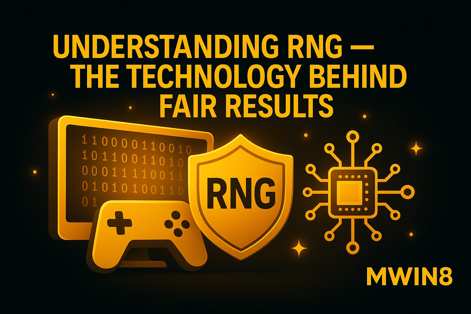 RNG technology banner showing binary monitor, shield labeled RNG, and circuit chip graphic.