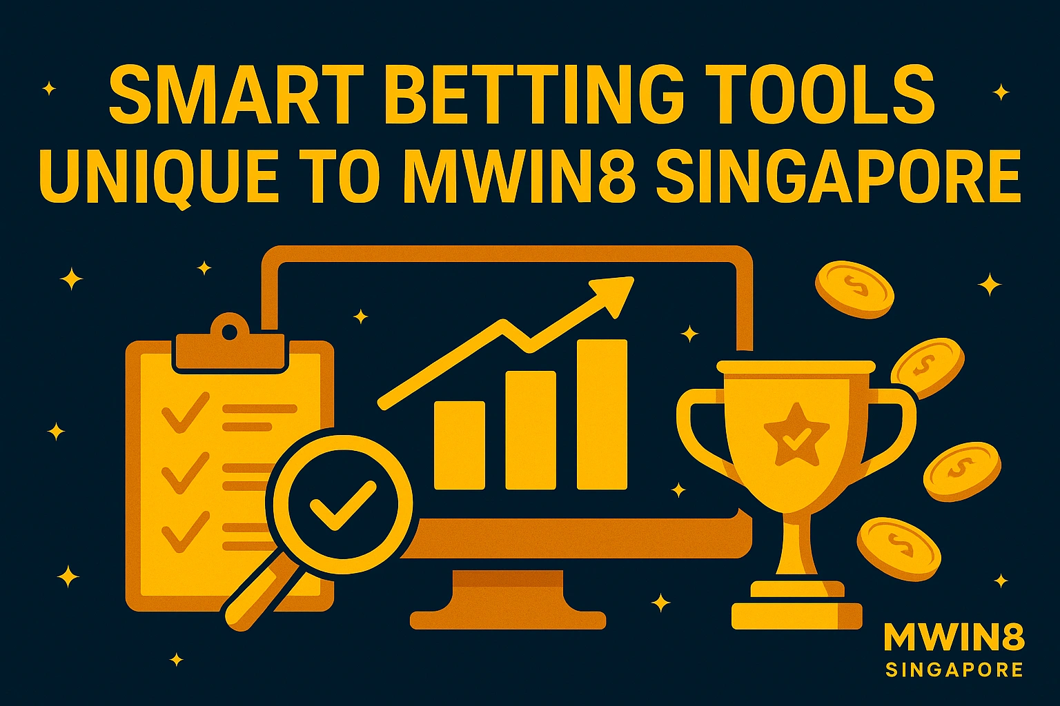 MWIN8 smart betting tools banner with clipboard checklist, analytics screen, and trophy.