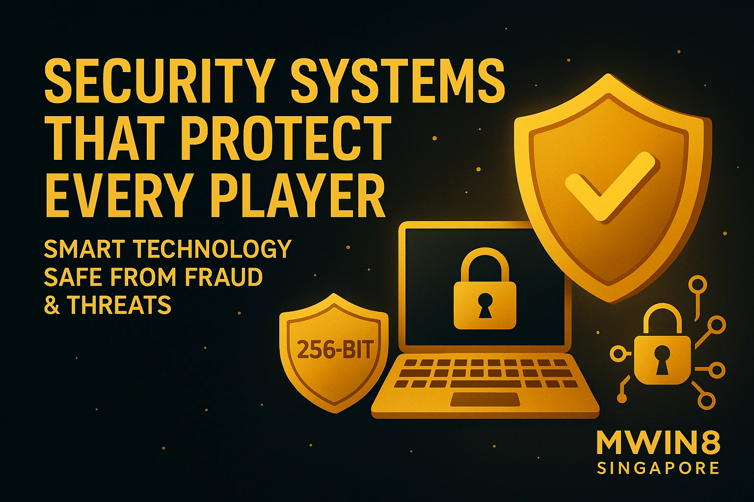 Security systems banner with shield, lock, and 256-bit encryption badge.