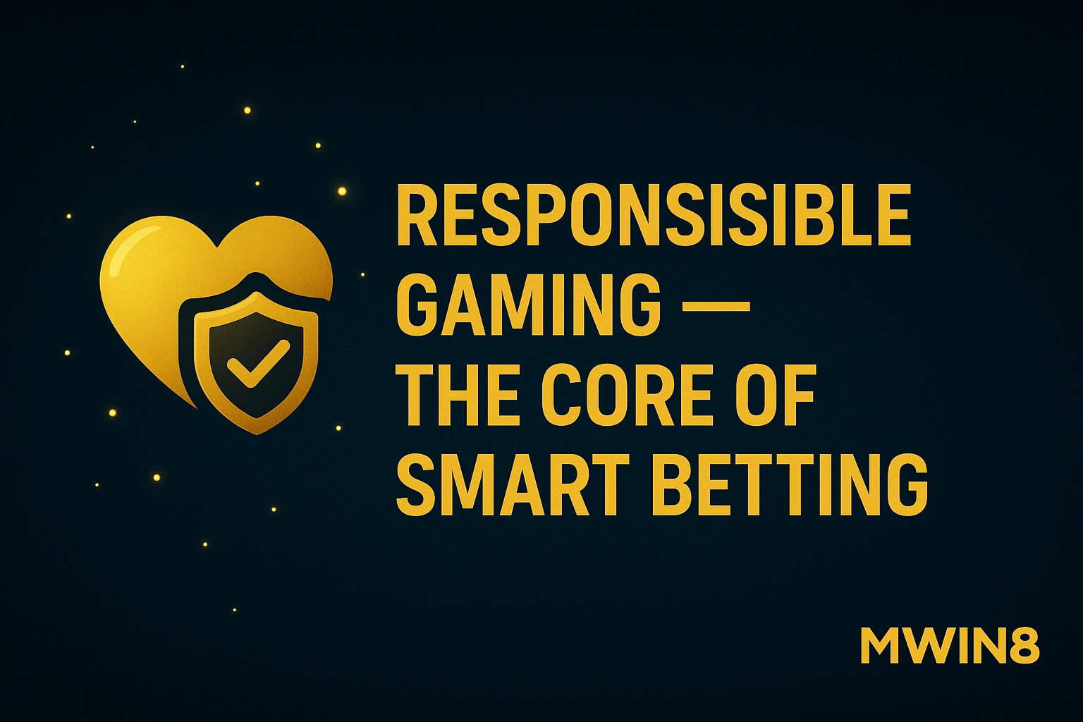 Responsible gaming banner with gold heart-shield icon on a dark background.