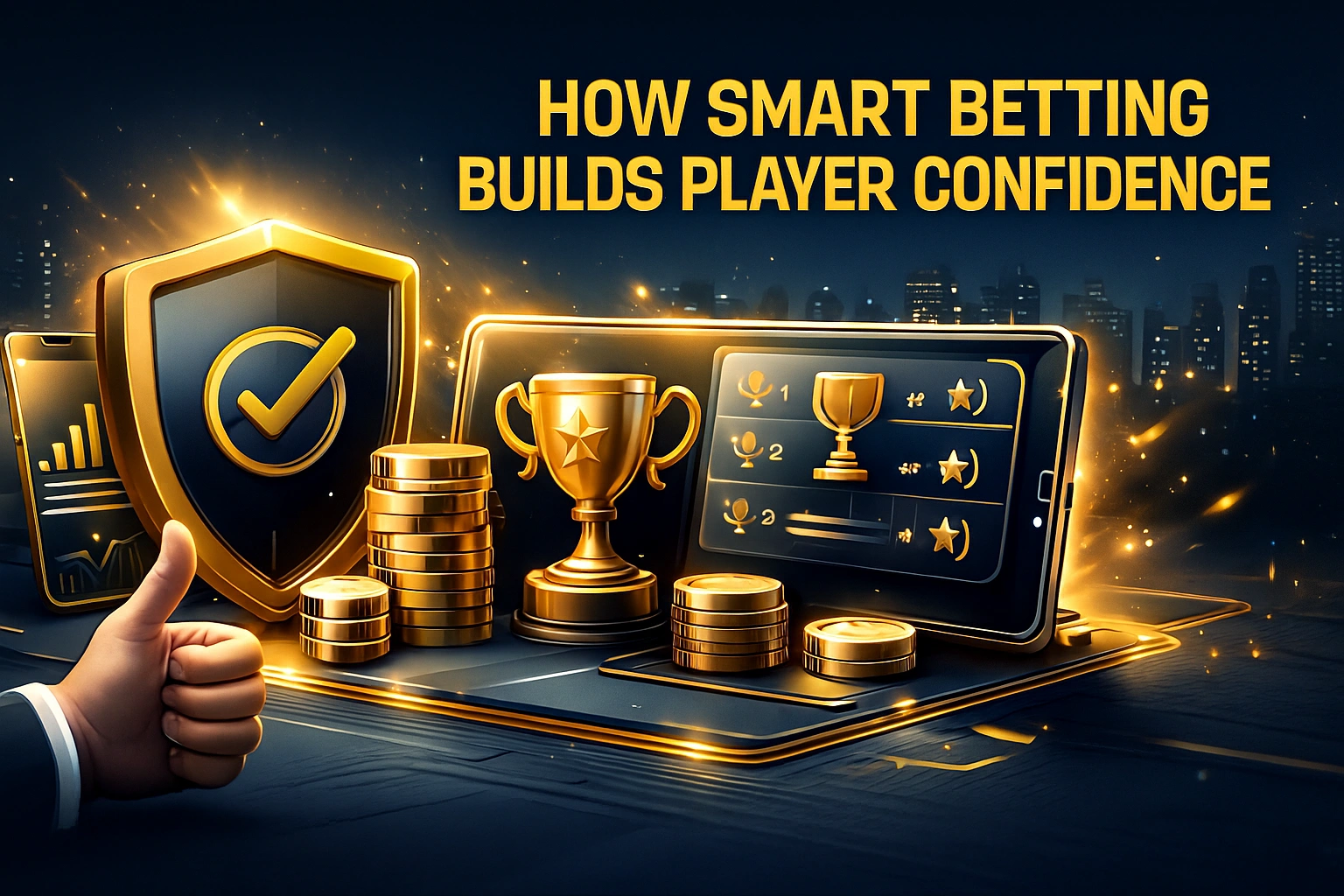 Smart betting confidence banner showing player with headphones, shield, and analytics icons.